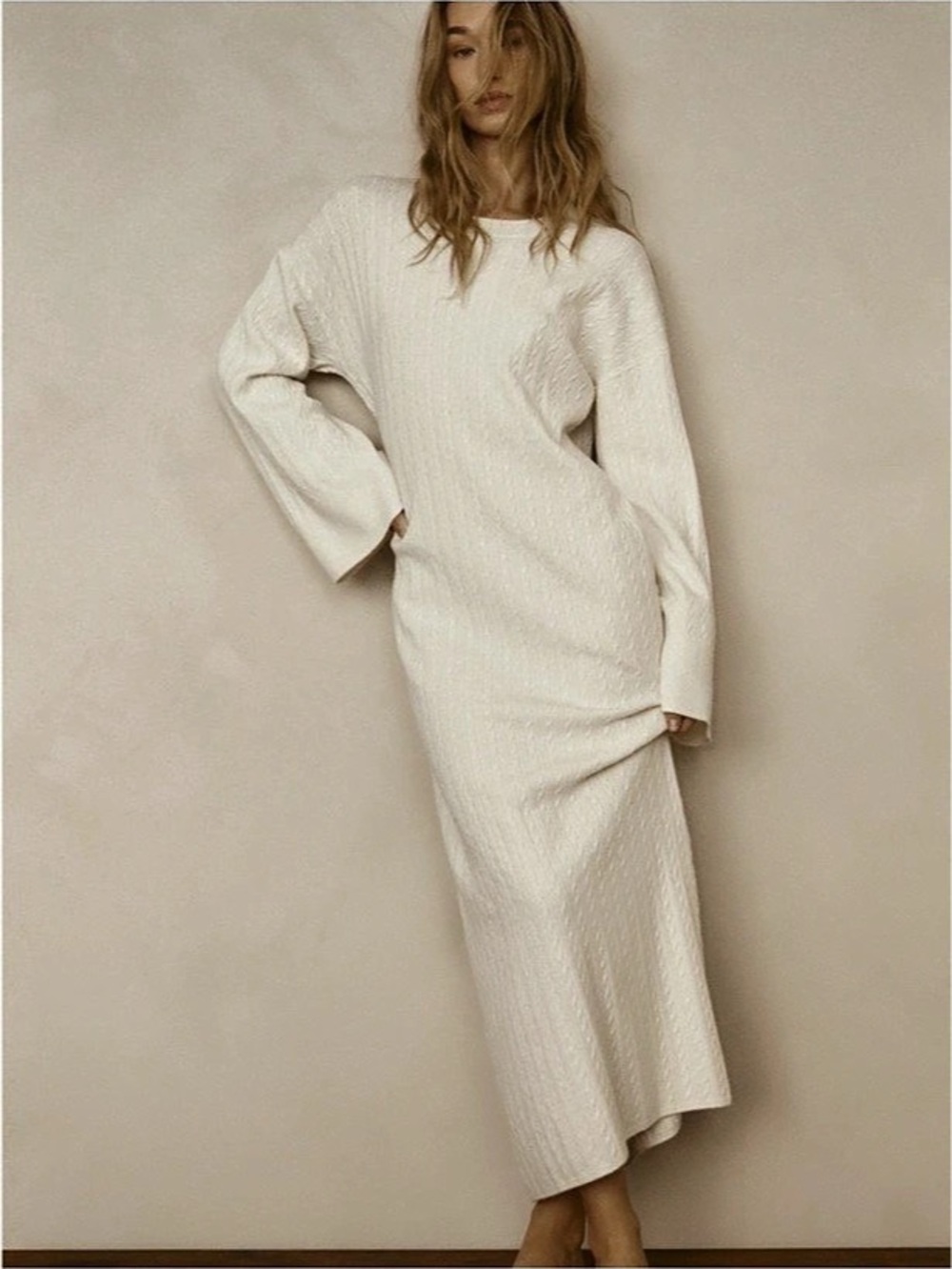 Zara Ribbed Knit Maxi Dress Cream Size Medium NWT